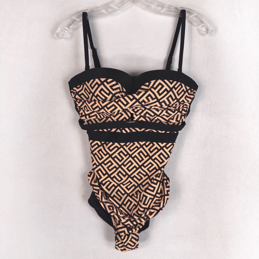 Eomenie Womens One Piece Swimsuit M Tan Black Geometric Greek Key Ruched Push Up